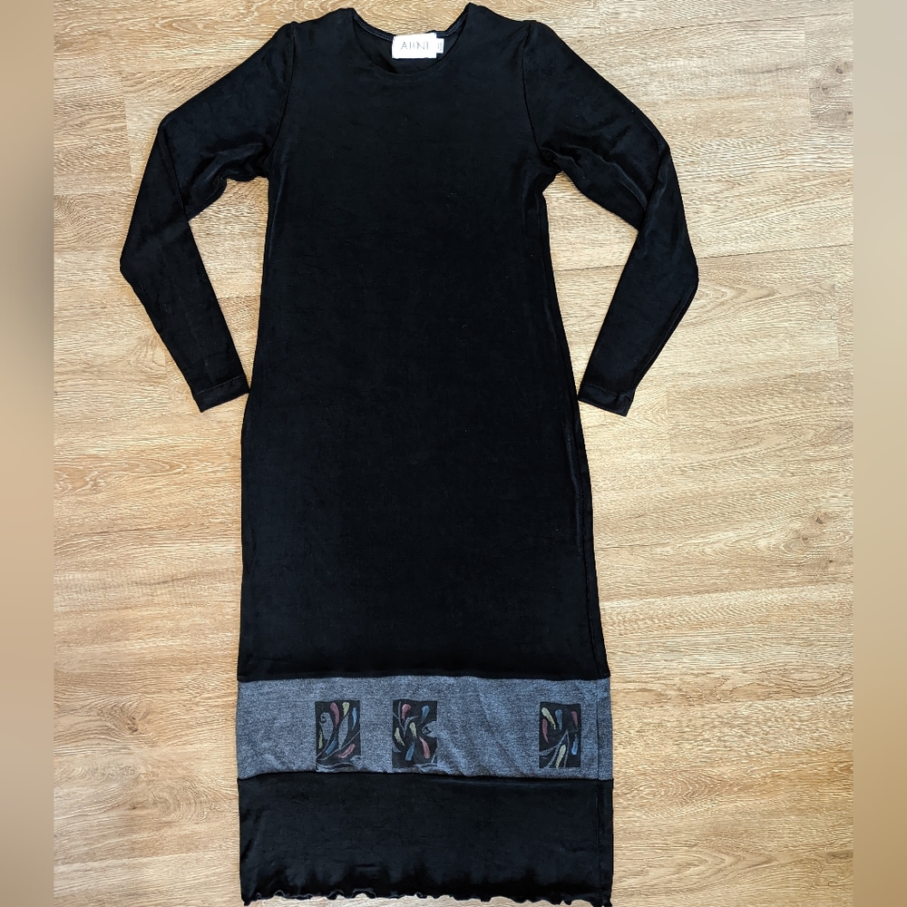 AHNI Long Black Sleeve Maxi Dress Floral Strip Detail